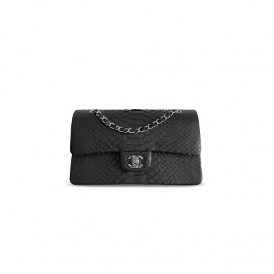 CHANEL MASTER BLACK PYTHON MEDIUM CLASSIC DOUBLE FLAP SILVER HARDWARE (25.5*15.5*6.5cm)